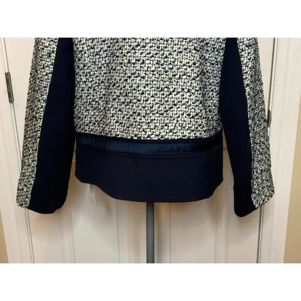 Tory Burch Lucille Metallic Tweed White & Navy Blue Wool Jacket, Size 14